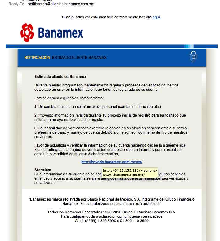 Desesperados por robar: Ahora fué un correo de Banamex.