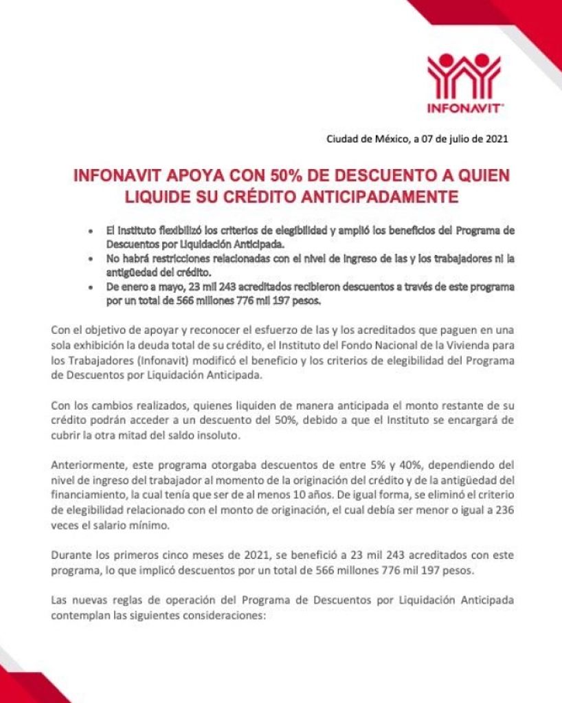 Infonavit te descuenta el 50% si liquidar tu crédito de forma anticipada.